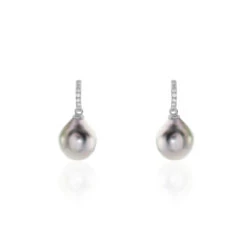 Boucles D'oreilles Puces Gatiene Or Blanc Perle De Culture Et Diamant