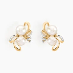 Boucles D'oreilles Puces Wandula Or Jaune Perle De Culture Et Diamant