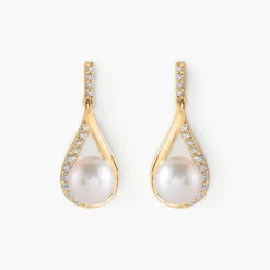 Boucles D'oreilles Pendantes Helin Or Jaune Perle De Culture Et Oxyde