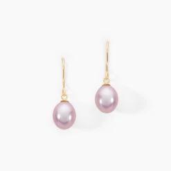 Boucles D'oreilles Pendantes Rose Or Jaune Perle De Culture